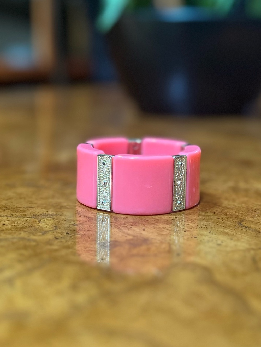 Pink Lucite Panel Stretch Bracelet Silver Filigree Spacers